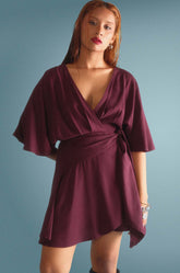 Kimono Sleeve Wraparound Dress Maroon